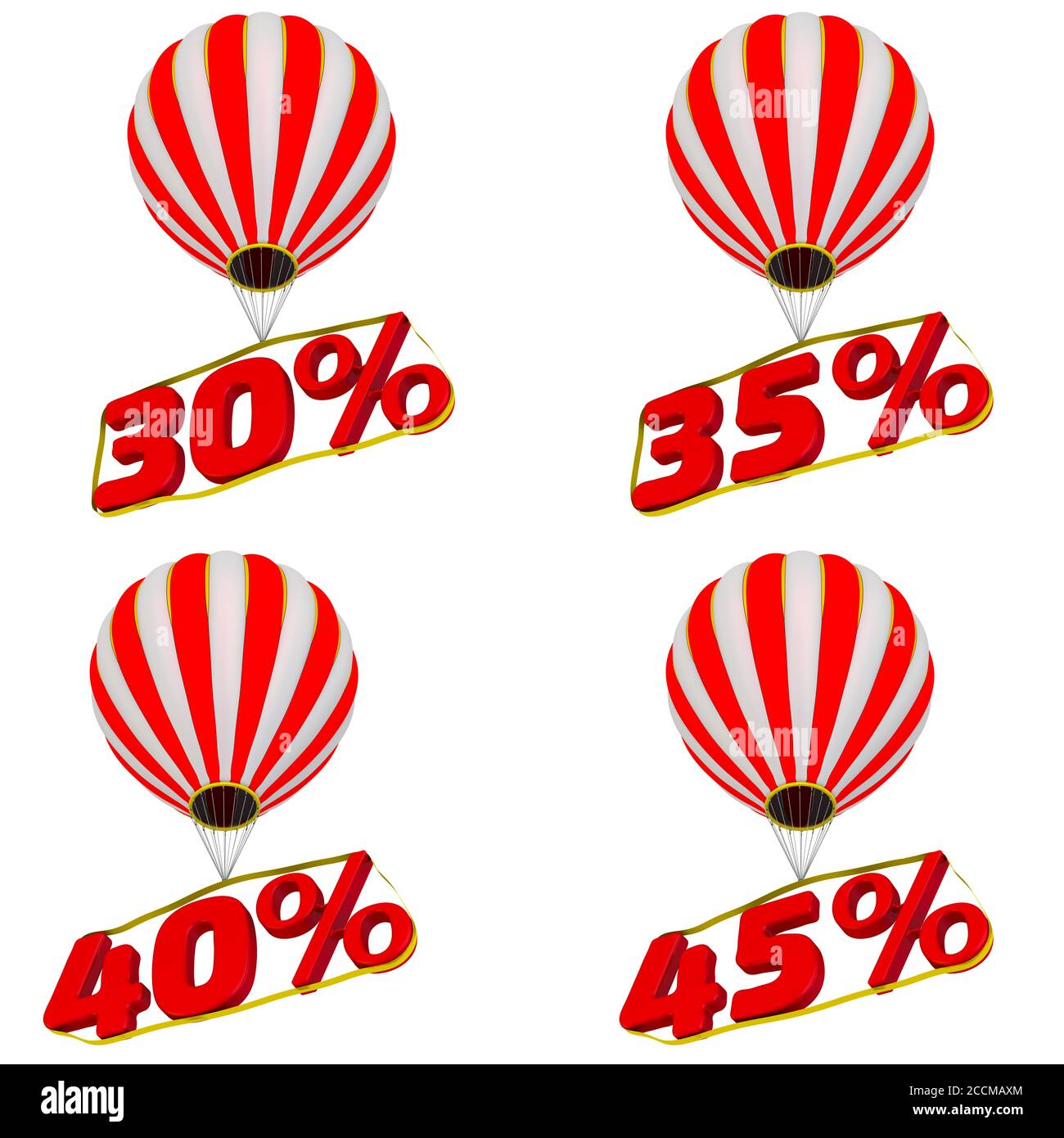 Jeu de 30;35;40;45 pourcentage de mouches sur un ballon à air chaud. Isolé. Illustration 3D Banque D'Images
