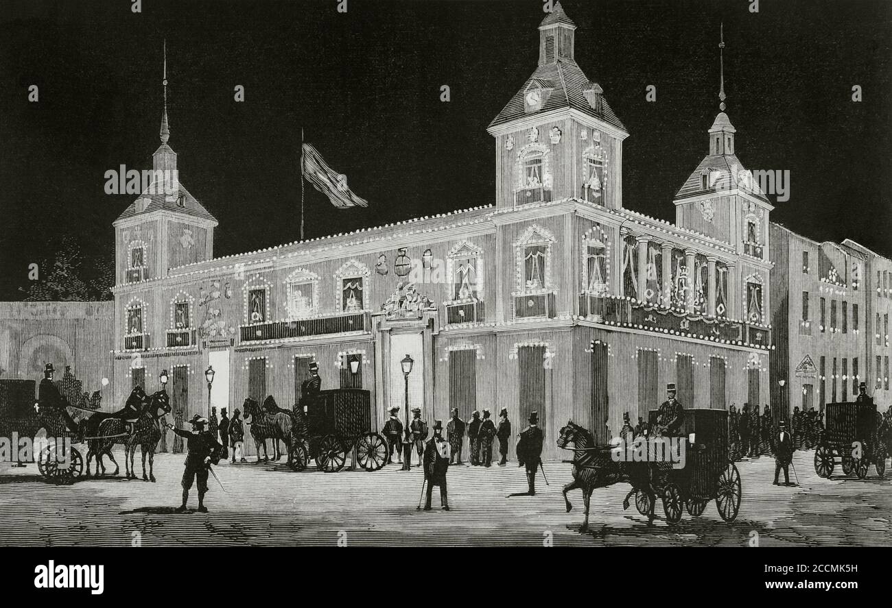 Espagne, Madrid. Célébrations à l'occasion du deuxième centenaire de la mort de Calderon de la Barca (1881). Éclairage de la première mairie les nuits des festivités. Gravure. La Ilustracion Española y Americana, 1881. Banque D'Images