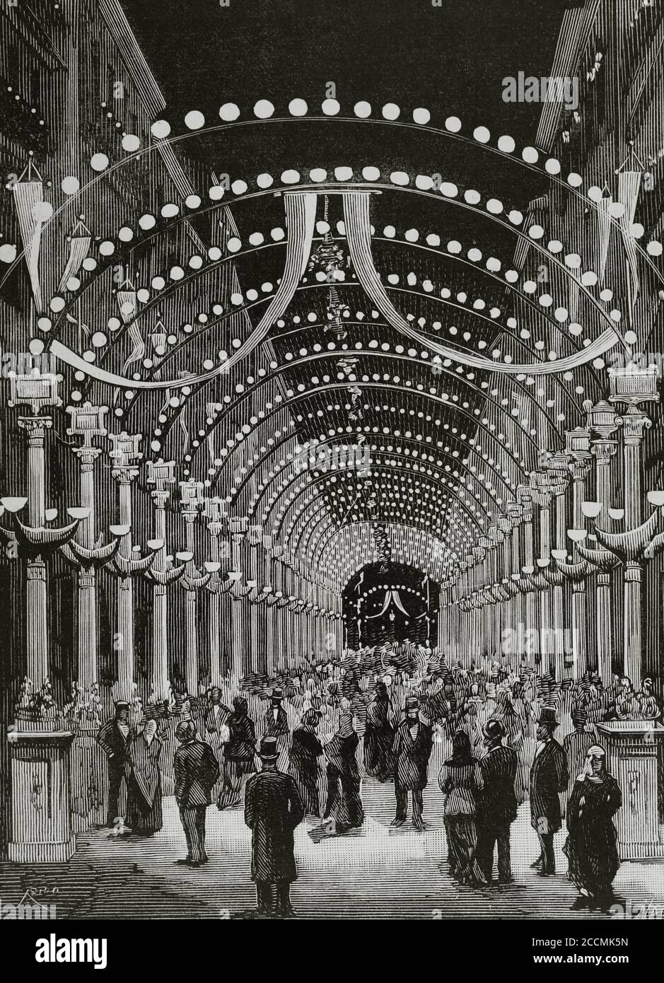 Espagne, Madrid. Célébrations à l'occasion du deuxième centenaire de la mort de Calderon de la Barca. Vue sur la Calle del Príncipe (rue Prince). Éclairage payant par le quartier. Gravure par Bernardo Rico y Ortega (1825-1894). La Ilustracion Española y Americana, 1881. Banque D'Images