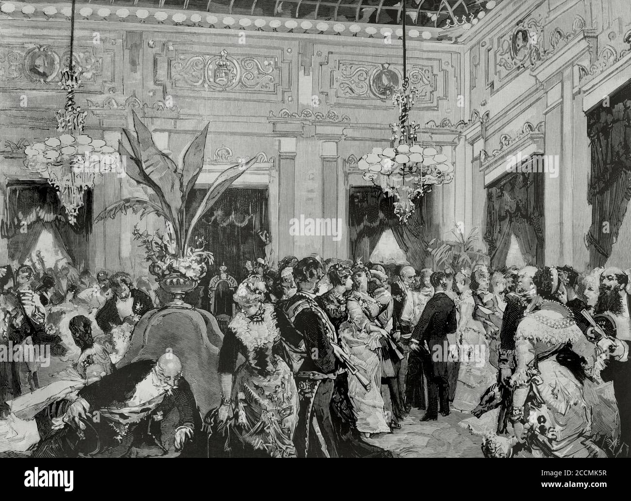 Espagne, Madrid. Deux centième anniversaire de la mort de Pedro Calderon de la Barca. Réception au conseil municipal. La salle d'honneur de la première nuit des festivités. Dessin de vie par Ferrant. Gravure par Bernardo Rico y Ortega (1825-1894). La Ilustracion Española y Americana, 1881. Banque D'Images