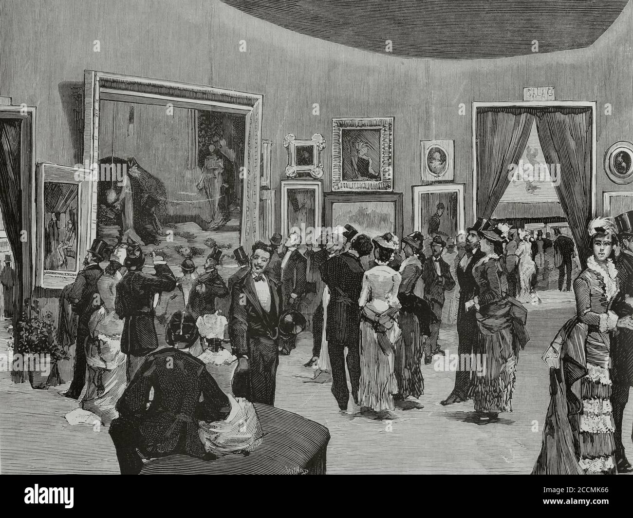 Espagne, Madrid. Exposition nationale des beaux-arts. Intérieur de la salle 5 le jour de l'ouverture, dans l'après-midi du 18 mai 1881. Dessin de la vie par Muñoz. Gravure. La Ilustracion Española y Americana, 1881. Banque D'Images