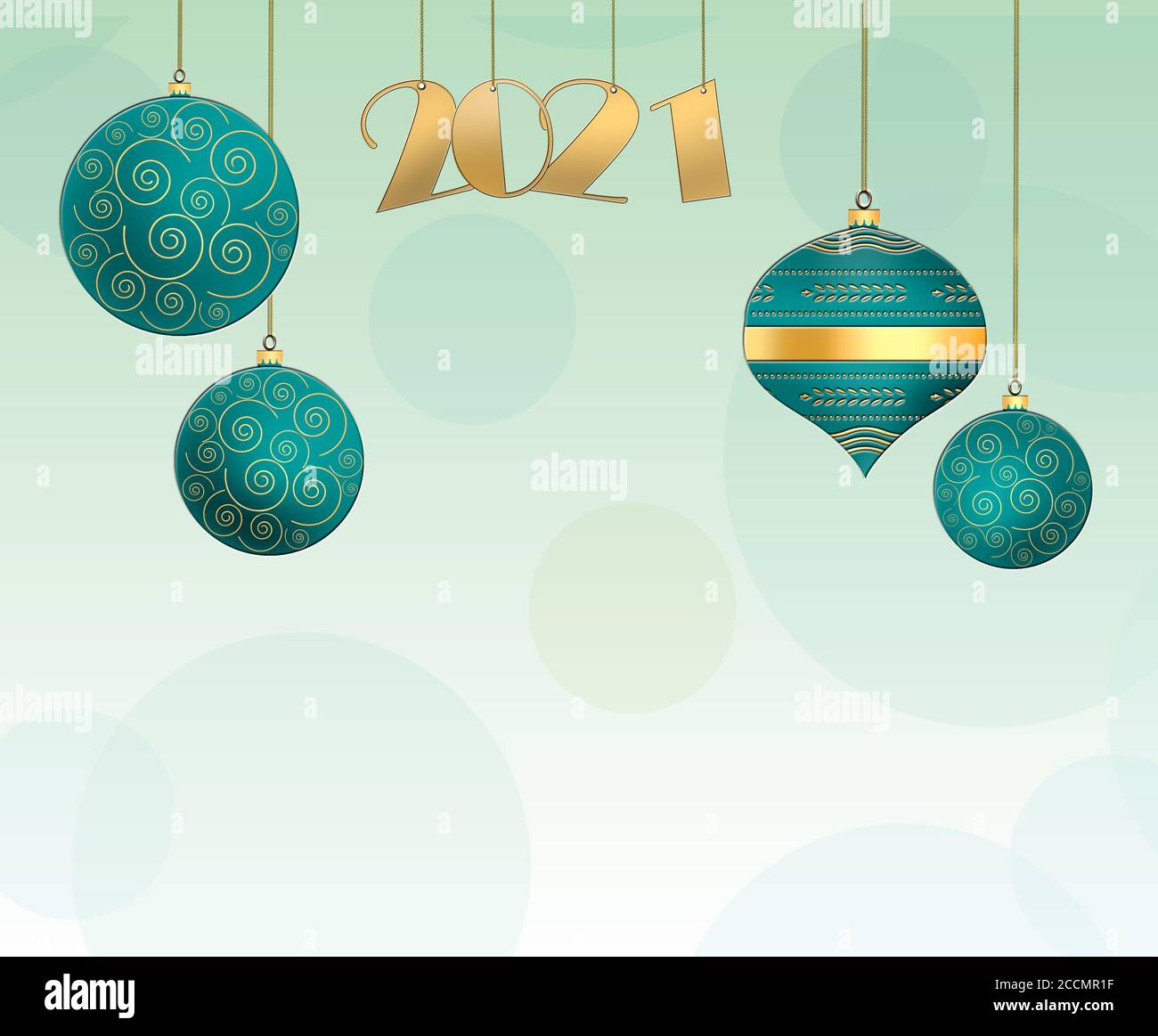 Fond de Noël avec boules bleu turquoise suspendues avec ornement d'or et chiffre d'or suspendu 2021 sur fond vert pastel. Copier l'espace. 3D illus Banque D'Images