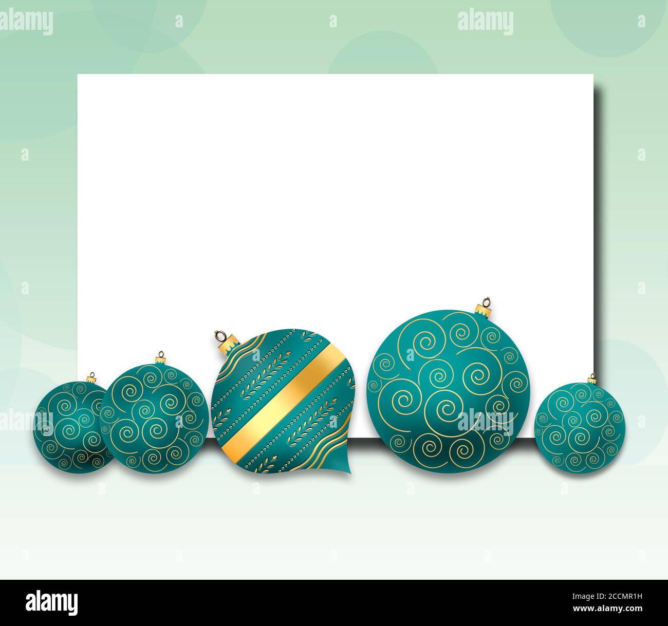Fond de Noël élégant avec boules bleu turquoise avec ornement or sur fond vert pastel. Copier l'espace, créer une maquette, placer pour le texte. Illustrateur 3D Banque D'Images