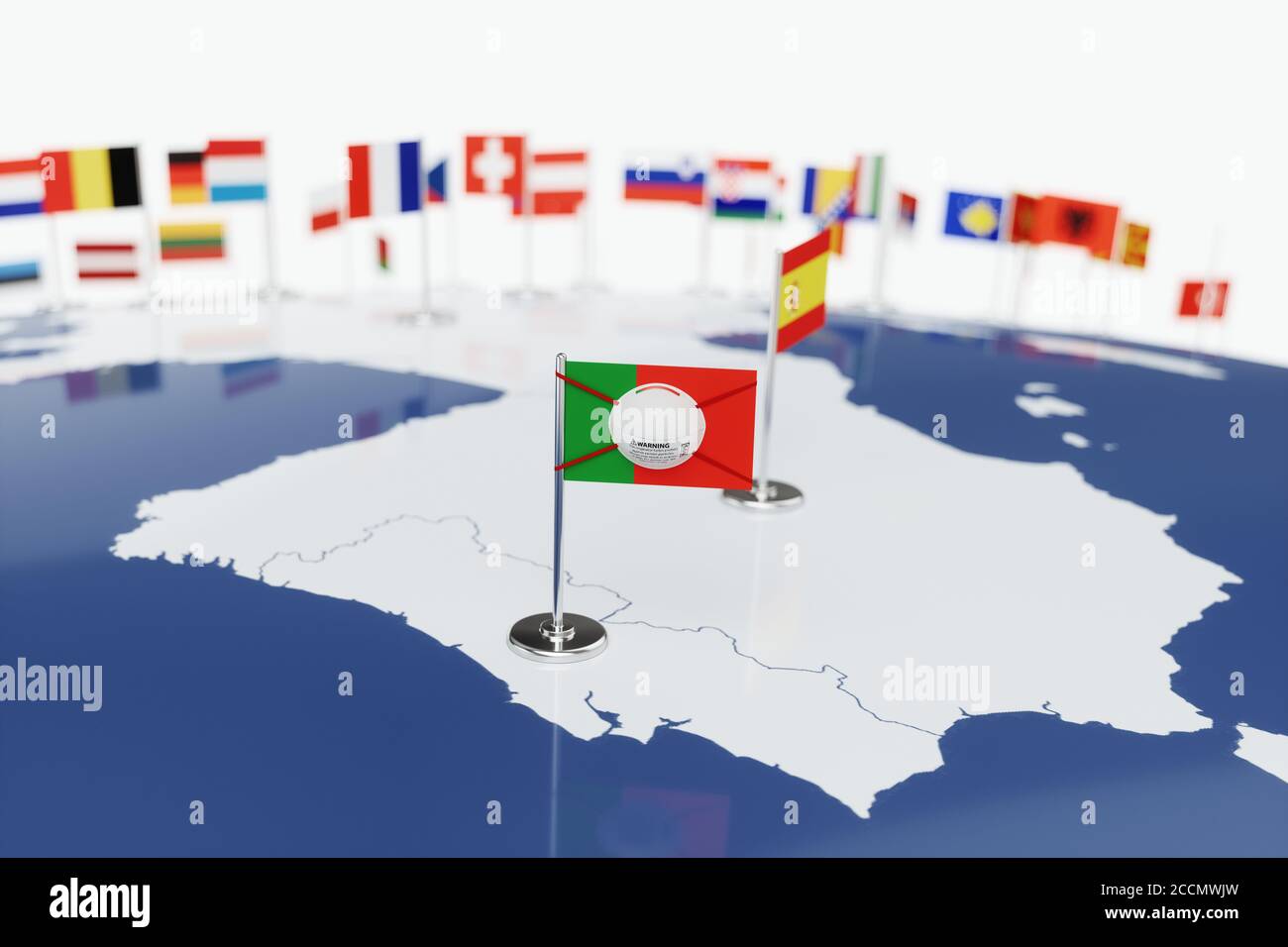 Coronavirus médical masque chirurgical sur le drapeau national portugais. Maladie, pandémie, virus covid-19 au Portugal, concept 3d rendu illustrati Banque D'Images