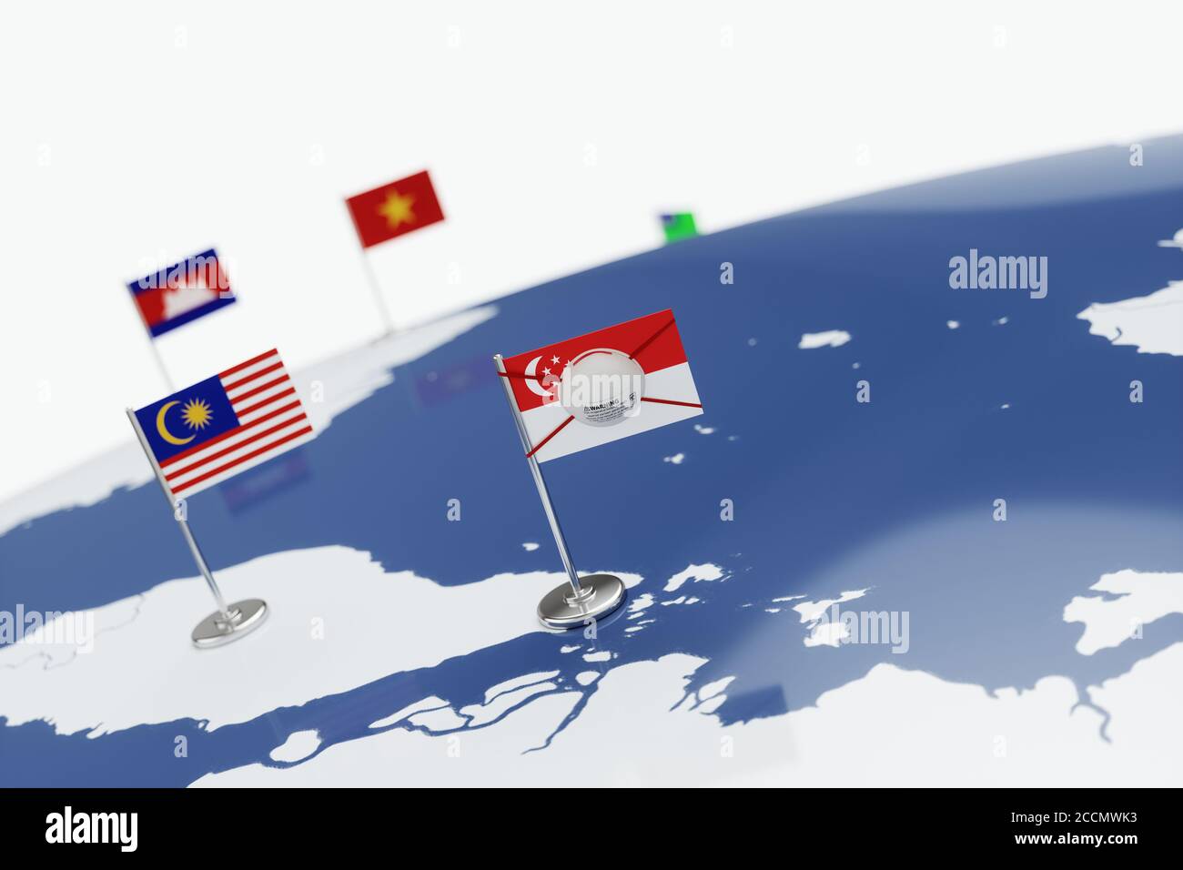 Coronavirus médical masque chirurgical sur le drapeau national singapourien. Maladie, pandémie, virus covid-19 à Singapour, concept 3d rendu illustraa Banque D'Images
