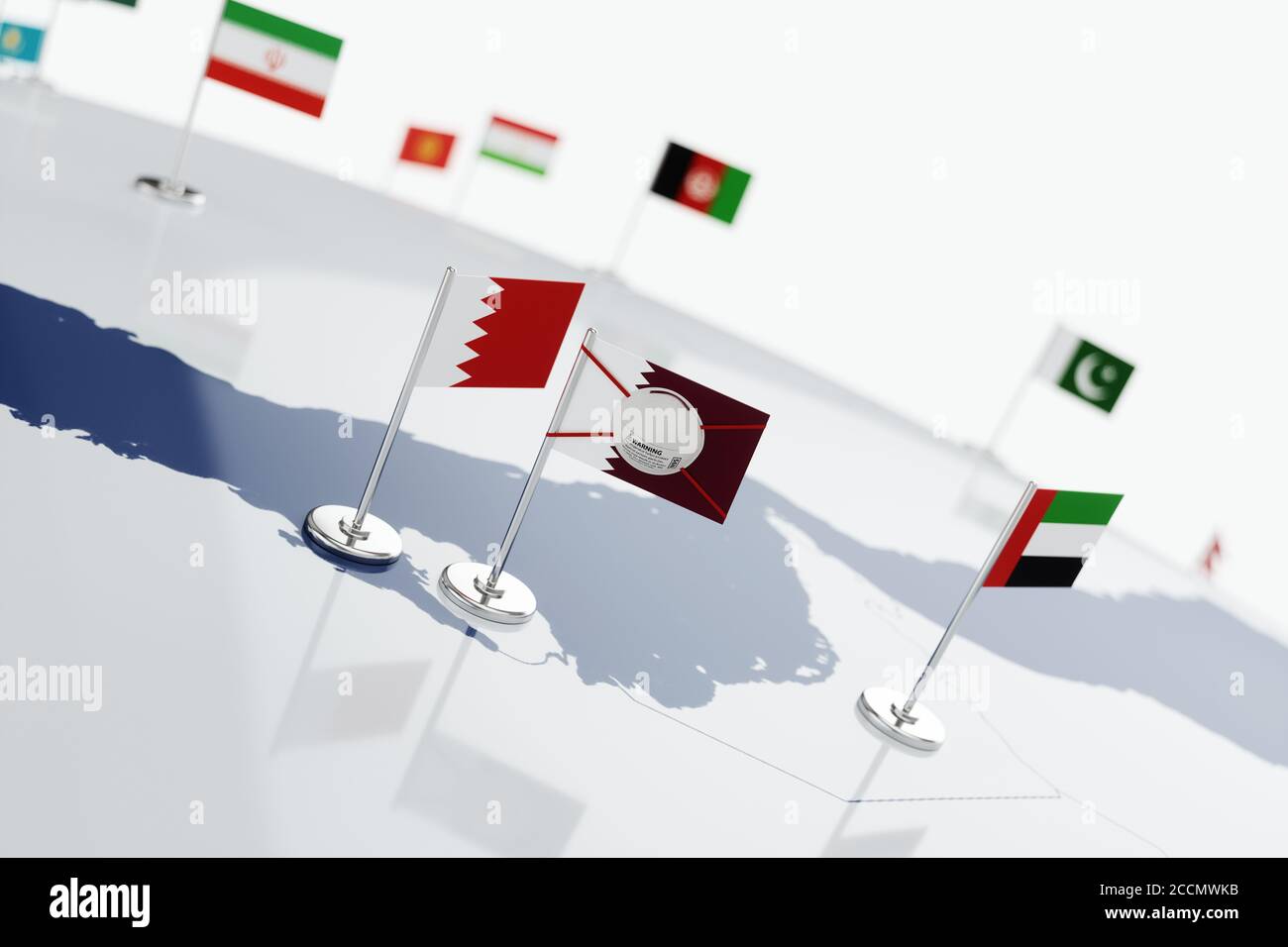 Coronavirus médical masque chirurgical sur le drapeau national de Qatari. Maladie, pandémie, virus covid-19 au Qatar, concept 3d rendu illustration Banque D'Images