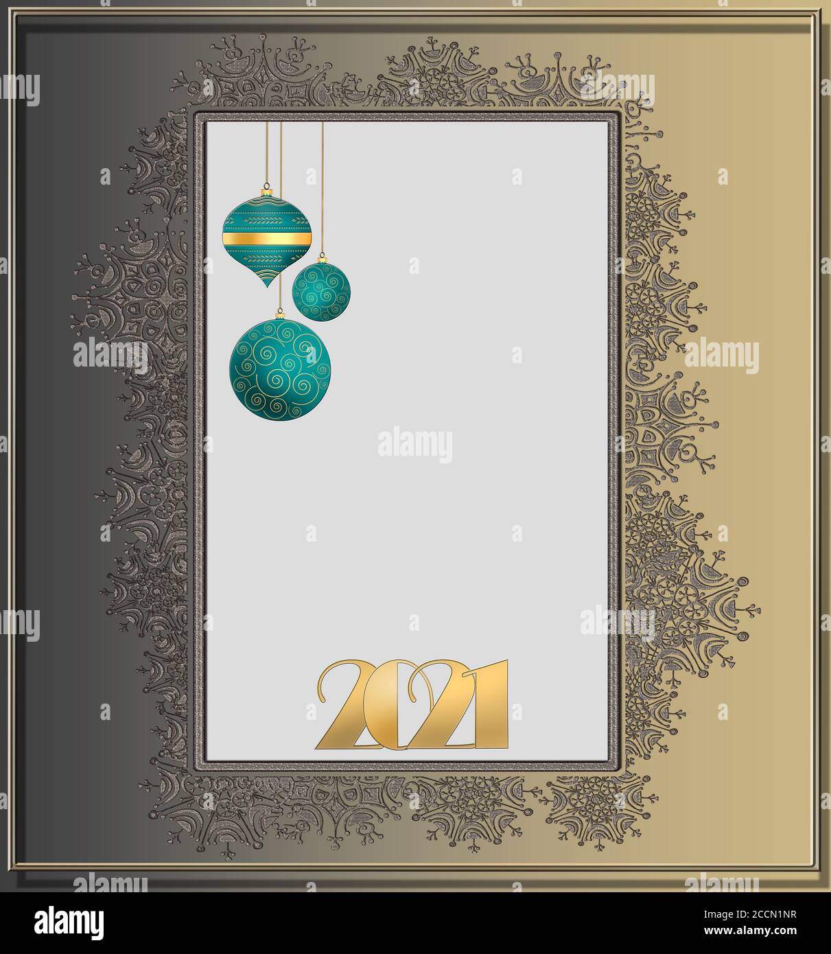 2021 bonne année de fond. Or numéro 2021, boules vertes suspendues sur fond doré avec bordure en flocons de neige. Circulaire des fêtes, invitation à accueillir Banque D'Images