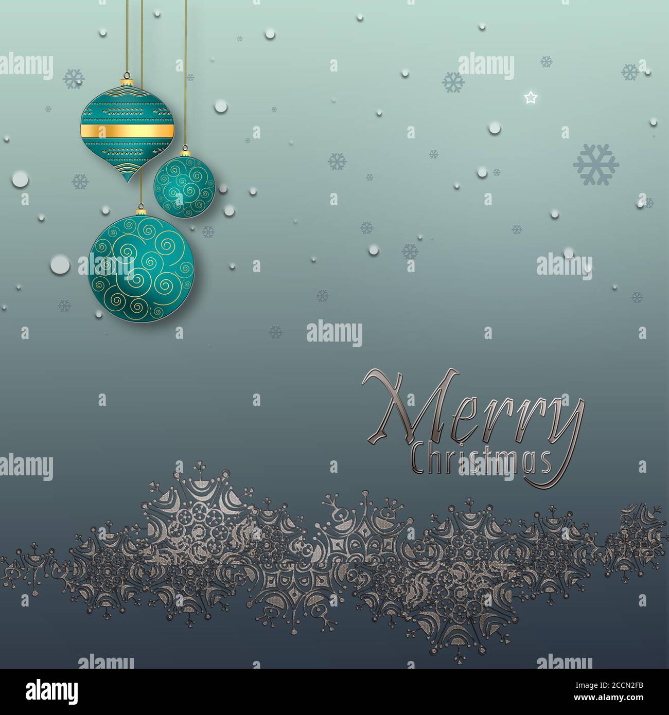 Noël et joyeux nouvel an arrière-plan avec bordure argentée de flocons de neige, boules turquoise bleues sur fond vert pastel métallisé. Texte Joyeux Noël Banque D'Images