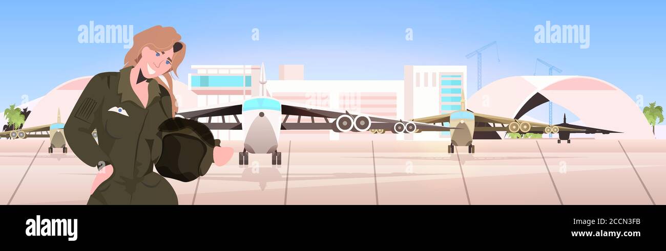 femme pilote en uniforme tenant casque terminal de l'aéroport avec des avions illustration du vecteur portrait du concept aviation Illustration de Vecteur