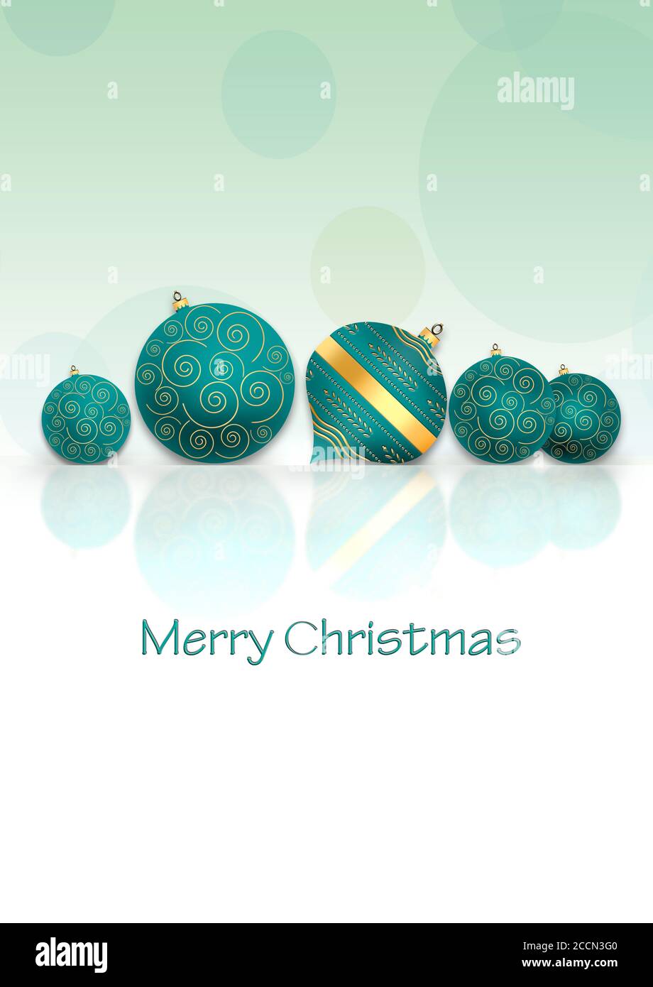 Fond de Noël nouvel an avec boules bleu turquoise avec ornement d'or sur réflexion sur fond vert pastel. Texte Joyeux Noël. Copier l'espace. Banque D'Images