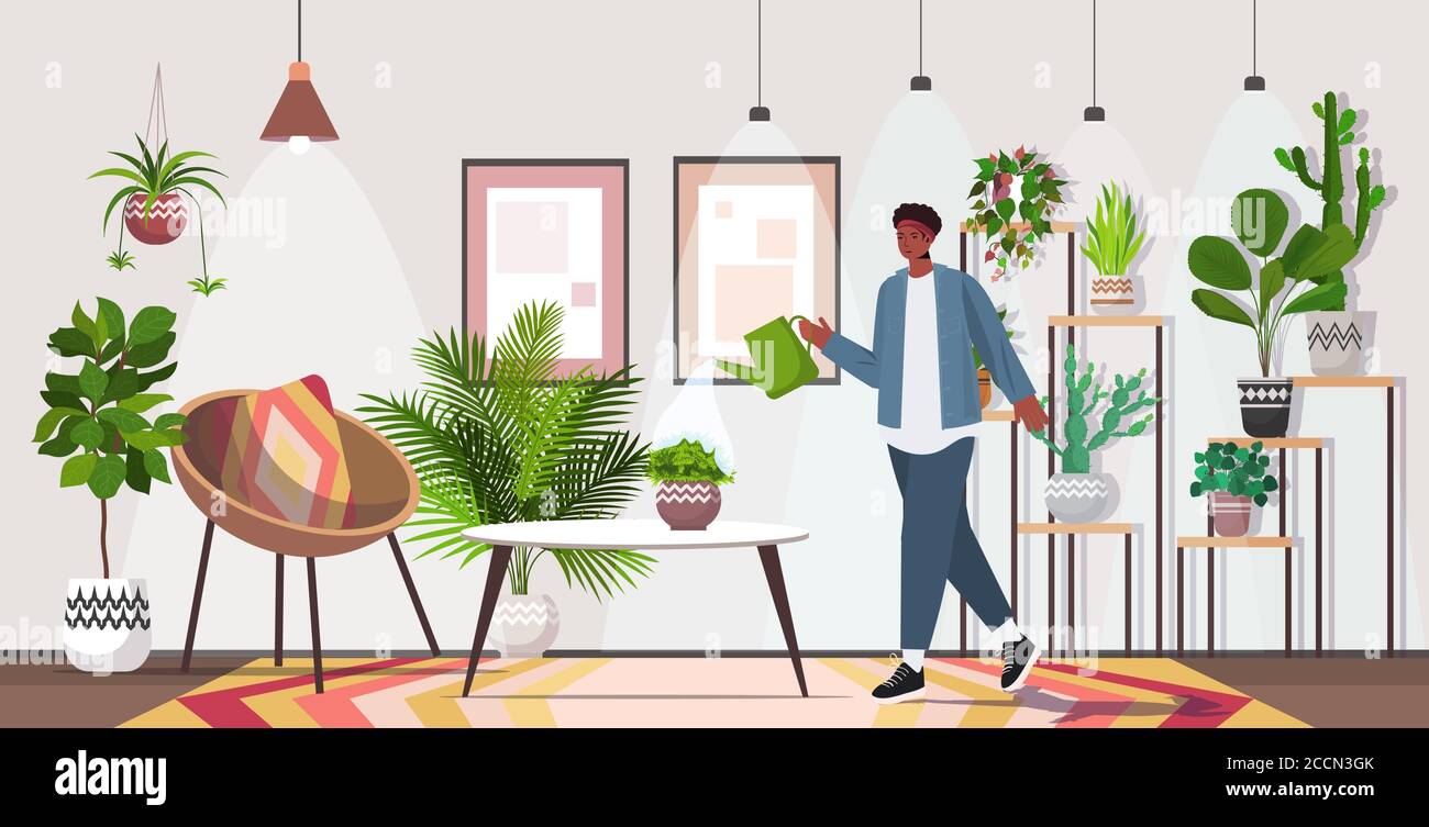 homme avec arrosage peut prendre soin de plantes de maison salon ou intérieur de jardin intérieur horizontal pleine longueur illustration vectorielle Illustration de Vecteur