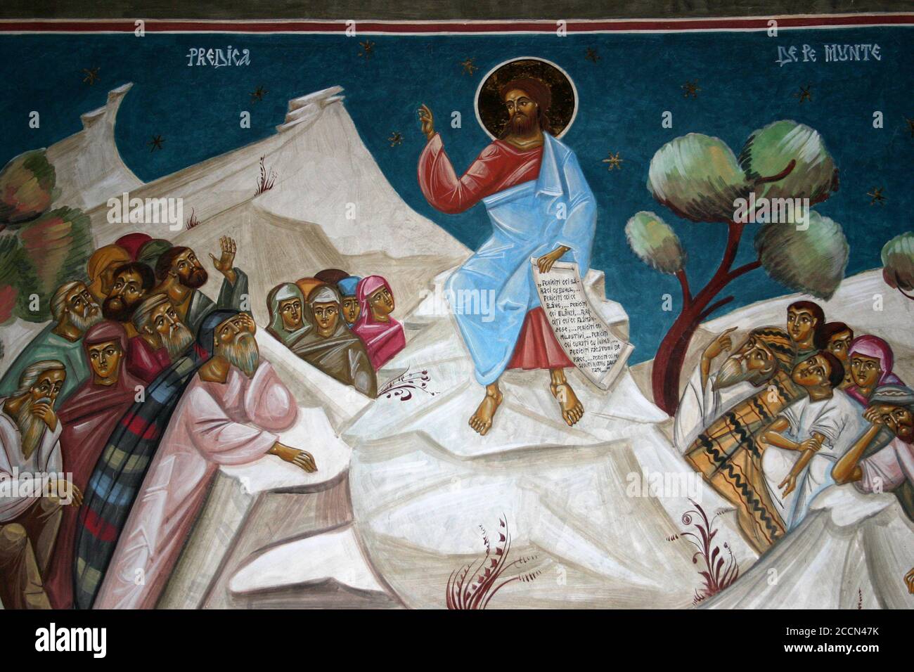 Monastère de Dejani, Roumanie. Fresque représentant le Sermon sur le Mont, scène du Nouveau Testament de la Bible. Banque D'Images