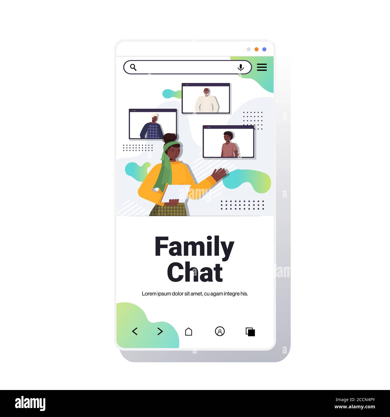 femme afro-américaine ayant une réunion virtuelle avec les membres de la famille dans navigateur web fenêtres appel vidéo communication en ligne concept écran de smartphone illustration vectorielle portrait Illustration de Vecteur