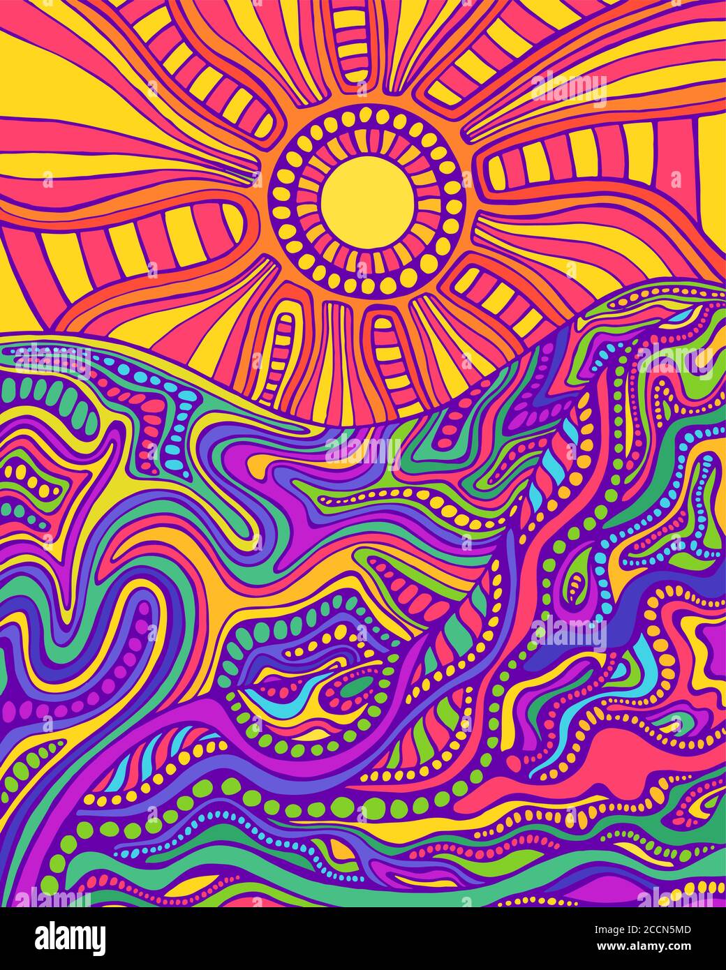 Paysage psychédélique rétro de style hippie avec soleil et montagnes. Illustration de Vecteur