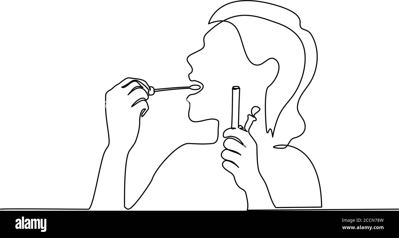 Mise en plan continue d'une ligne. Femme prenant frottis pour le test COVID-19 elle-même. Illustration vectorielle noir sur blanc. Illustration de Vecteur