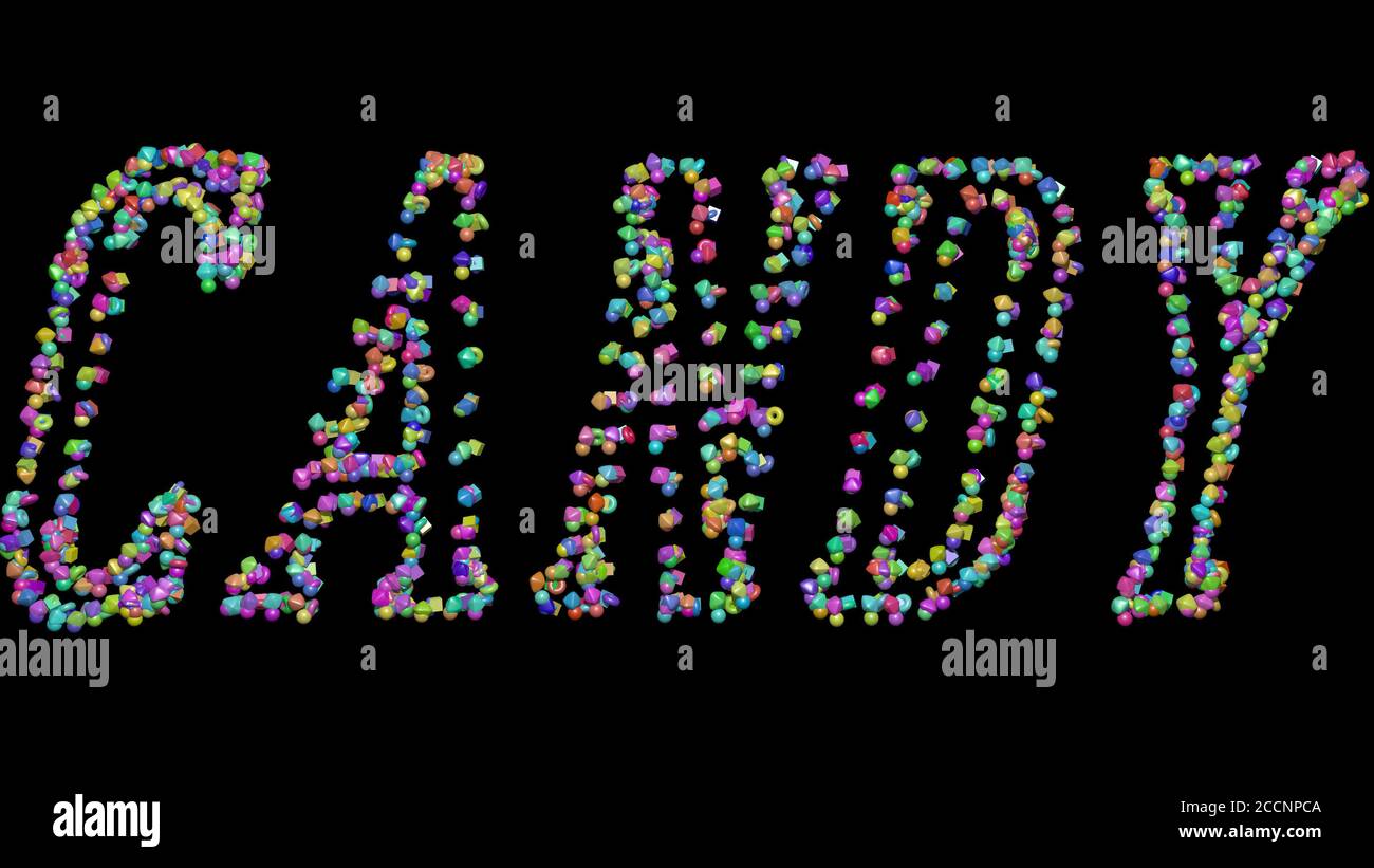 Écriture 3D colorée de texte bonbon avec de petits objets sur un fond  sombre et une ombre assortie, illustration 3D Photo Stock - Alamy
