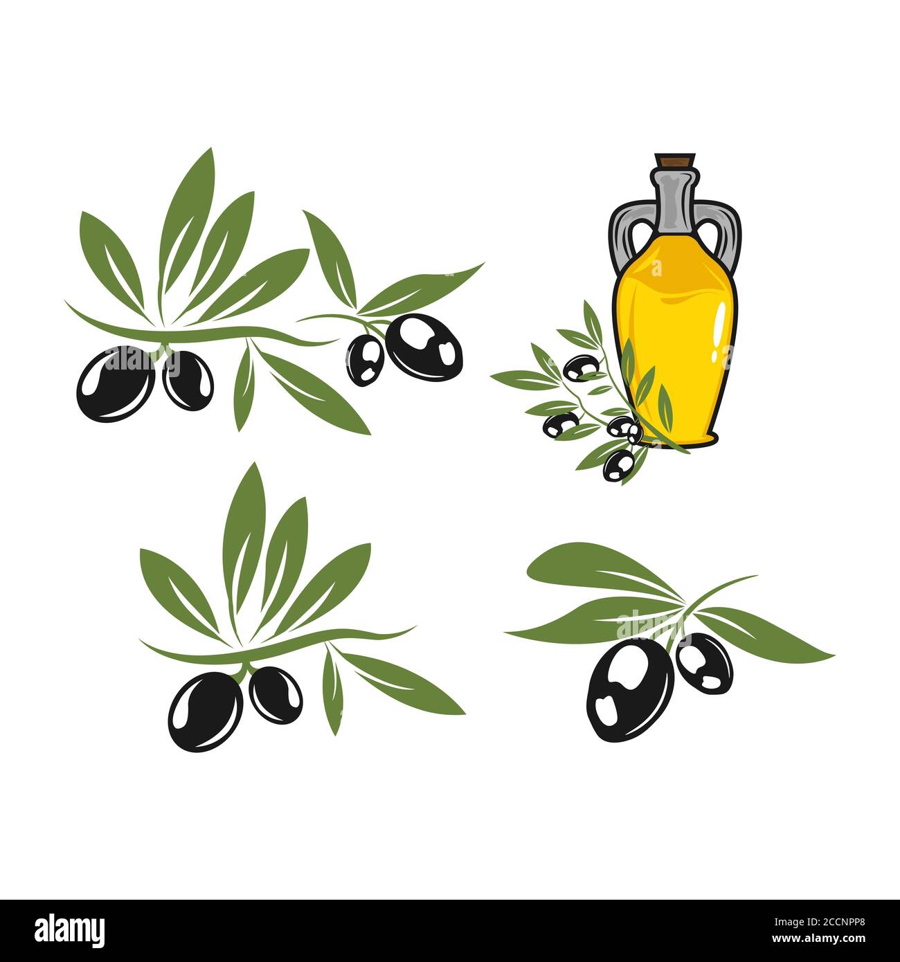 Un ensemble de signes et symboles de l'huile d'olive et d'olive. Illustration de Vecteur