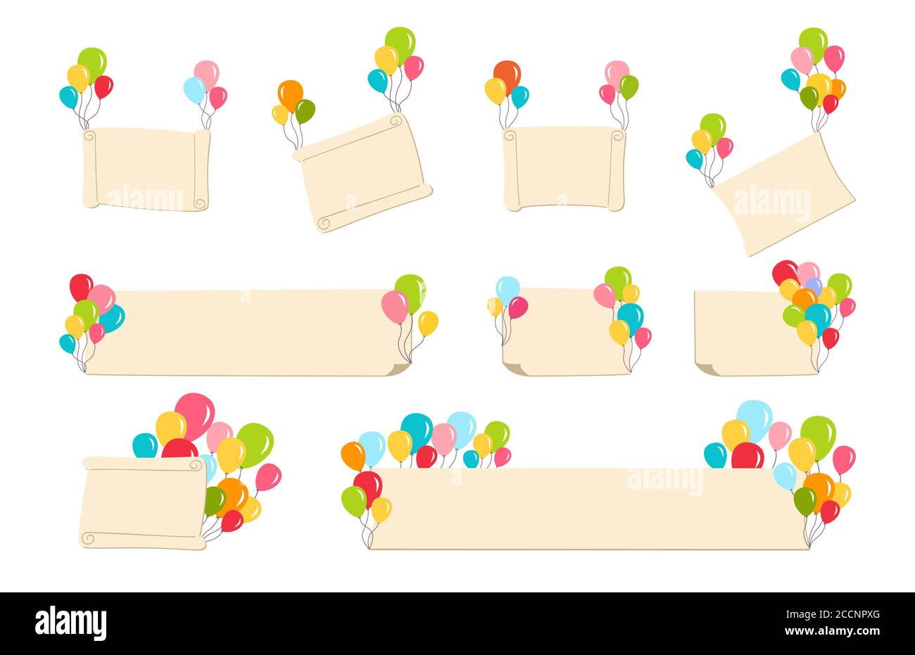 Ensemble de ballons colorés des fêtes. Fête d'anniversaire affiche éléments de conception, ballons d'hélium d'air, gonflable. Modèle de bannières de vœux surprise célébration ou festival. Illustration vectorielle isolée Illustration de Vecteur