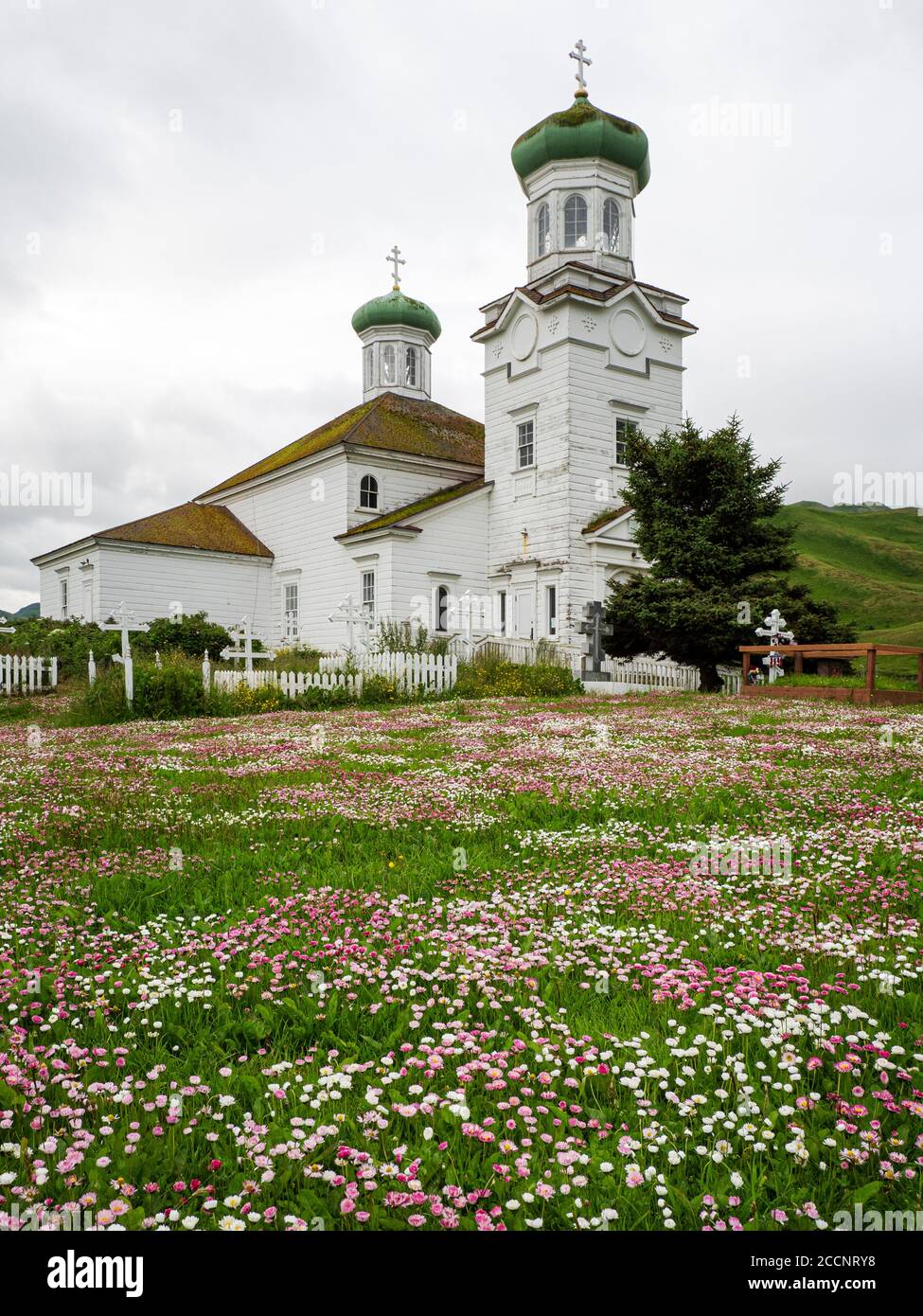 Des fleurs entourent l'église de la Sainte Ascension dans la communauté d'Unalaska, en Alaska. Banque D'Images