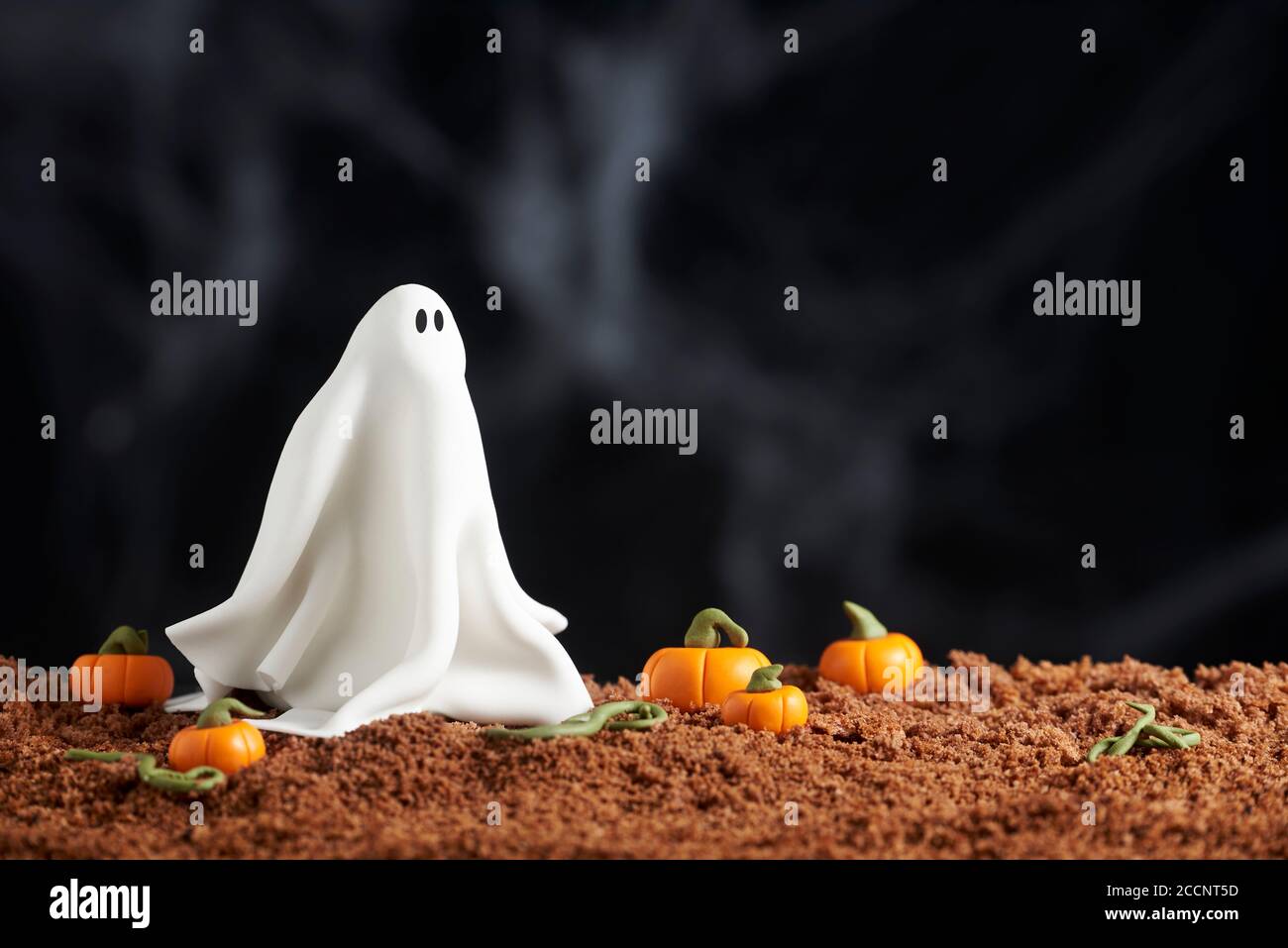 Scene D Halloween Fantome Et Citrouilles En Pate De Sucre Sur Gateau Au Chocolat Moulu Fond Noir Espace De Copie Photo Stock Alamy