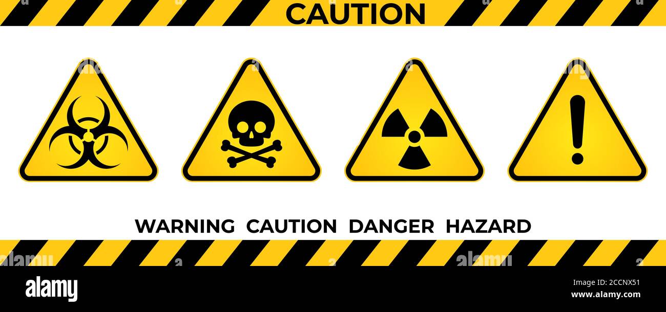 Jeu de panneaux de détresse. Panneaux de sécurité et d'avertissement triangulaires jaunes noirs. Symbole de vecteur de danger d'information, icône. Illustration vectorielle Illustration de Vecteur