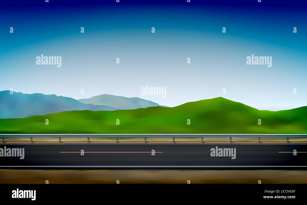 Vue sur le bord de la route avec barrière anti-collision, nature verte et fond ciel bleu clair, route, illustration vectorielle Illustration de Vecteur