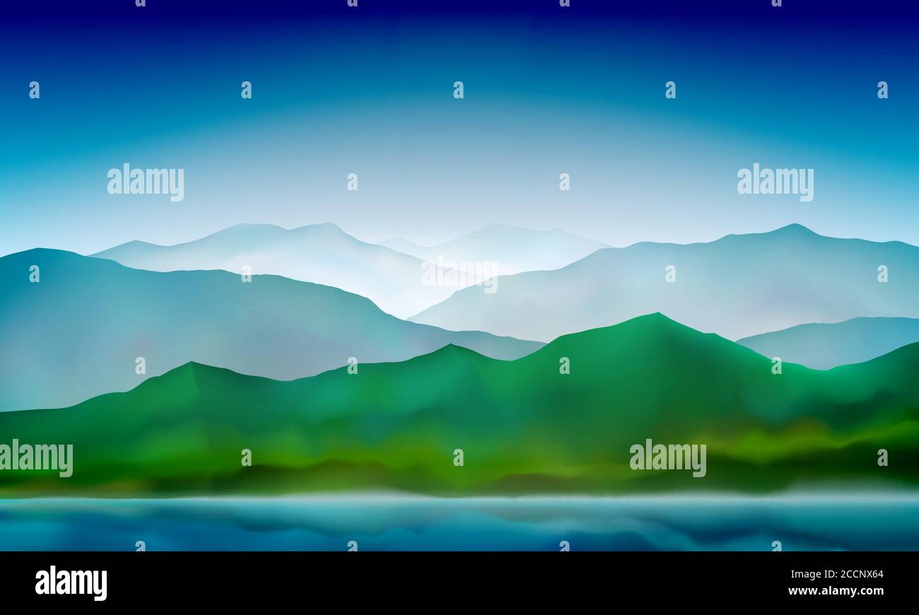 Paysage de lac de montagne, fond de nature coloré. Bleu montagne vert collines paysage. Arrière-plan vectoriel. Illustration de Vecteur