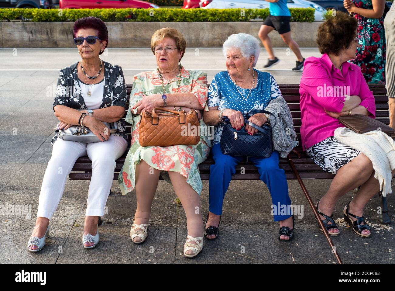 Vue de face de quatre femmes espagnoles de classe moyenne à la retraite, assis sur un banc de bois bavardant, et voyant la vie passer à Paseo Pereda, Santander, Espagne. Banque D'Images