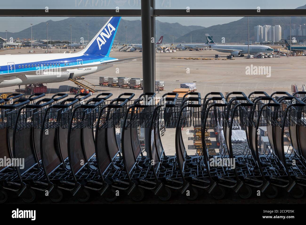 Un Boeing 787-9 Dreamliner avec All Nippon Airways vu derrière une collection de chariots à bagages à l'aéroport de Chek Lap Kok, Hong Kong SAR, Chine. Banque D'Images