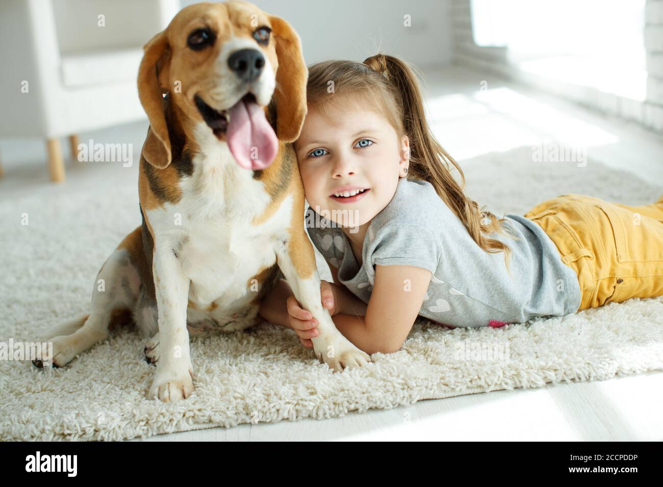 Petite fille avec un chien à la maison Photo Stock - Alamy