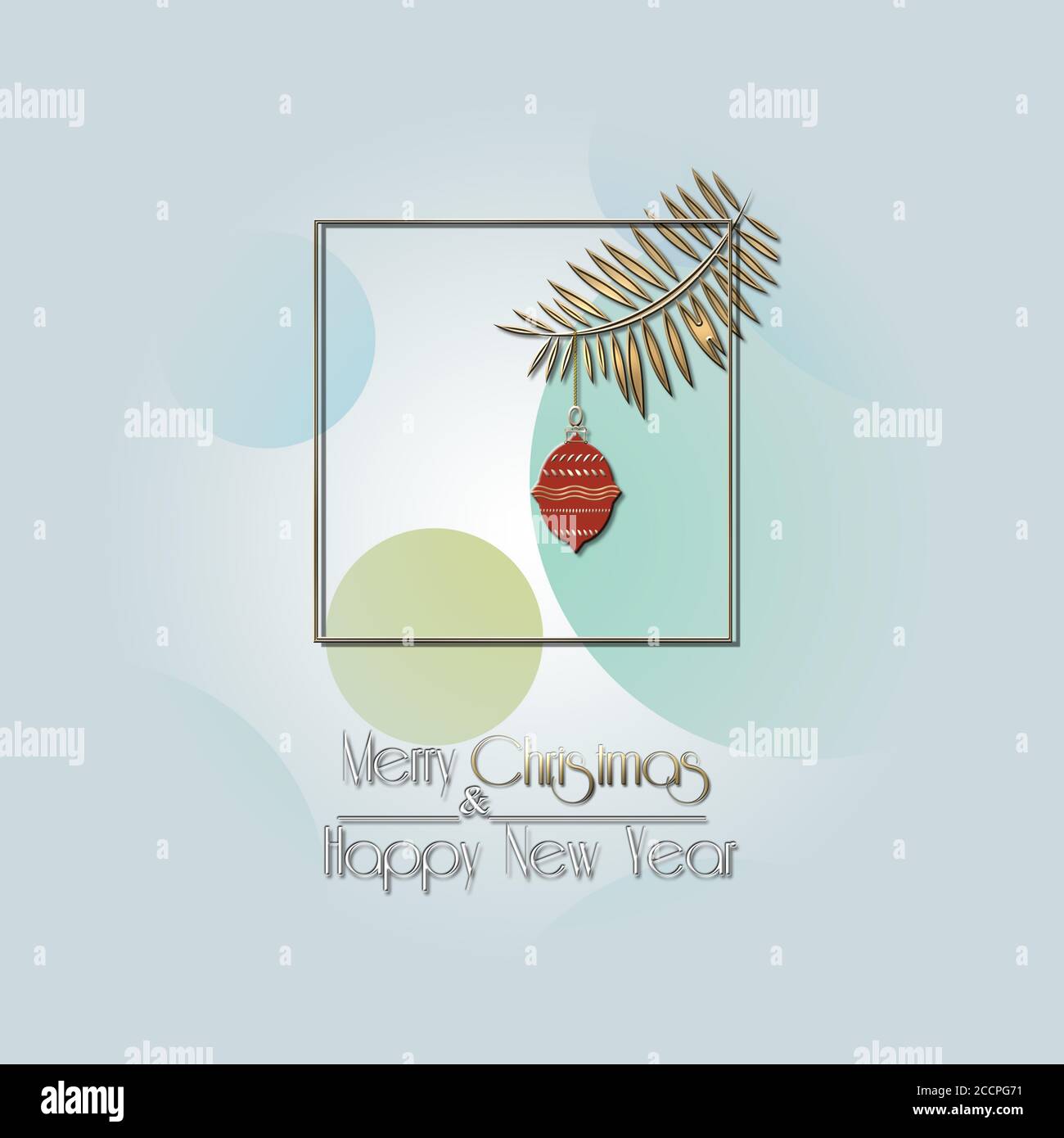 Motif hiver bleu pastel. Boule de suspension rouge, texte Joyeux Noël et Bonne Année. Un fond minimaliste pour le nouvel an 2021. Circulaire de Noël, affiche, affiche, bannière, Web, affiche supérieure. Illustration 3D Banque D'Images