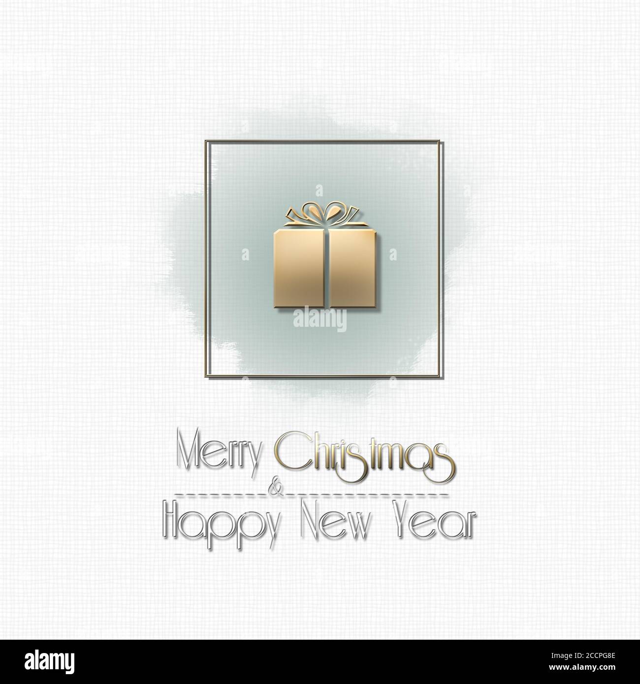 Joyeux Noël texte de bonne année sur fond blanc pastel vert avec boîte cadeau or. Illustration 3D Banque D'Images