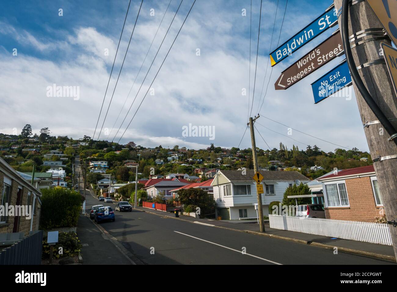 À Dunedin, en Nouvelle-Zélande, Baldwin Street est considérée comme la rue la plus raide du monde. La route monte droit et les maisons sont construites à la Banque D'Images