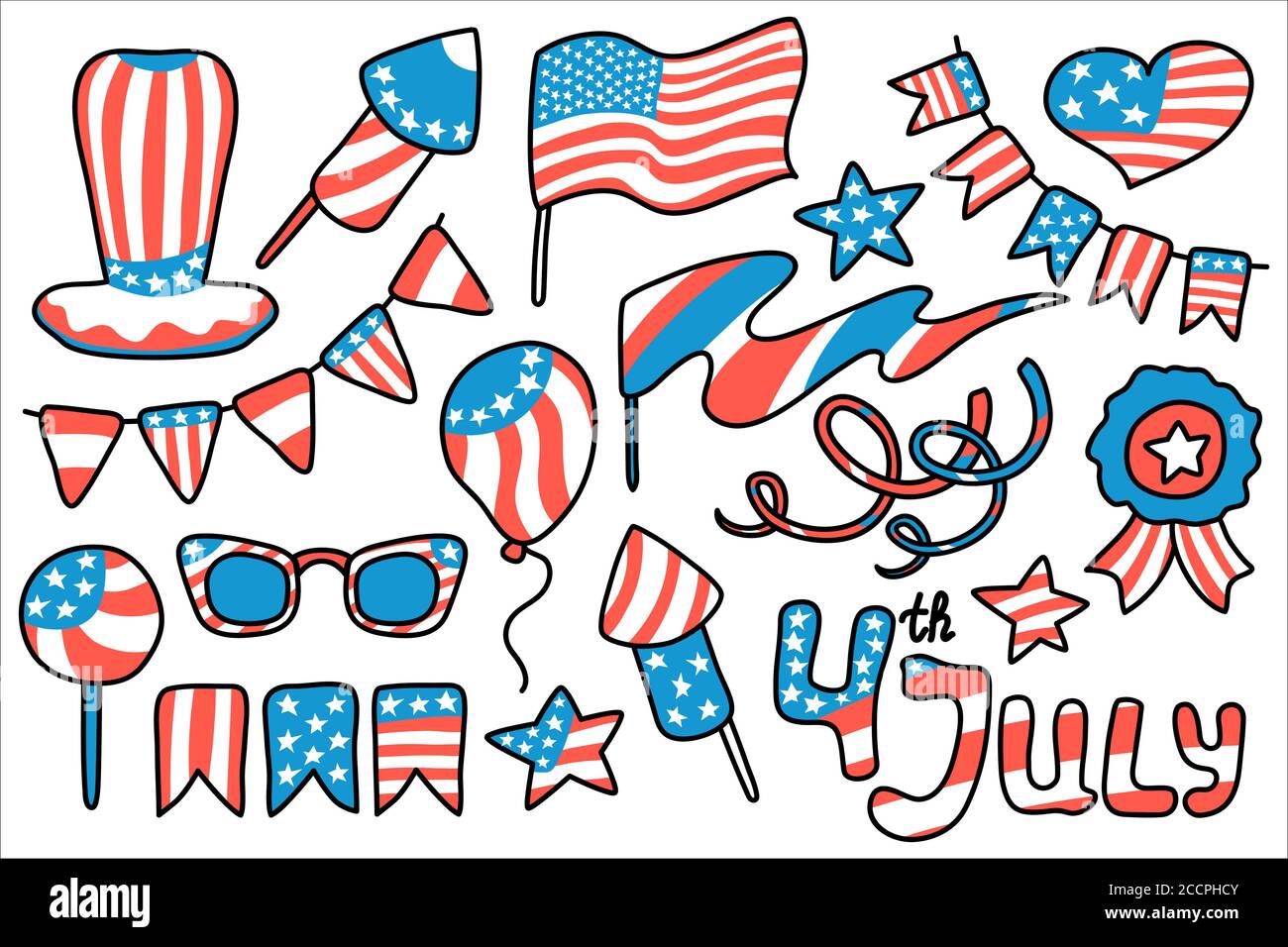 Ensemble de clipart vecteur drapeau américain pour le jour de l'indépendance des États-Unis. 4 juillet vecteur clipart sur fond blanc. Clip numérique American Independence Day Art. Star Illustration de Vecteur