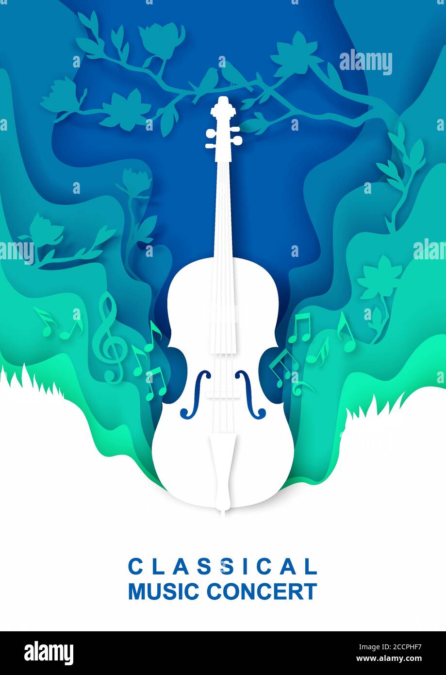 Composition musicale de style artisanal avec découpe de papier vectoriel pour violon classique prospectus de bannière d'affiche de concert musical Illustration de Vecteur