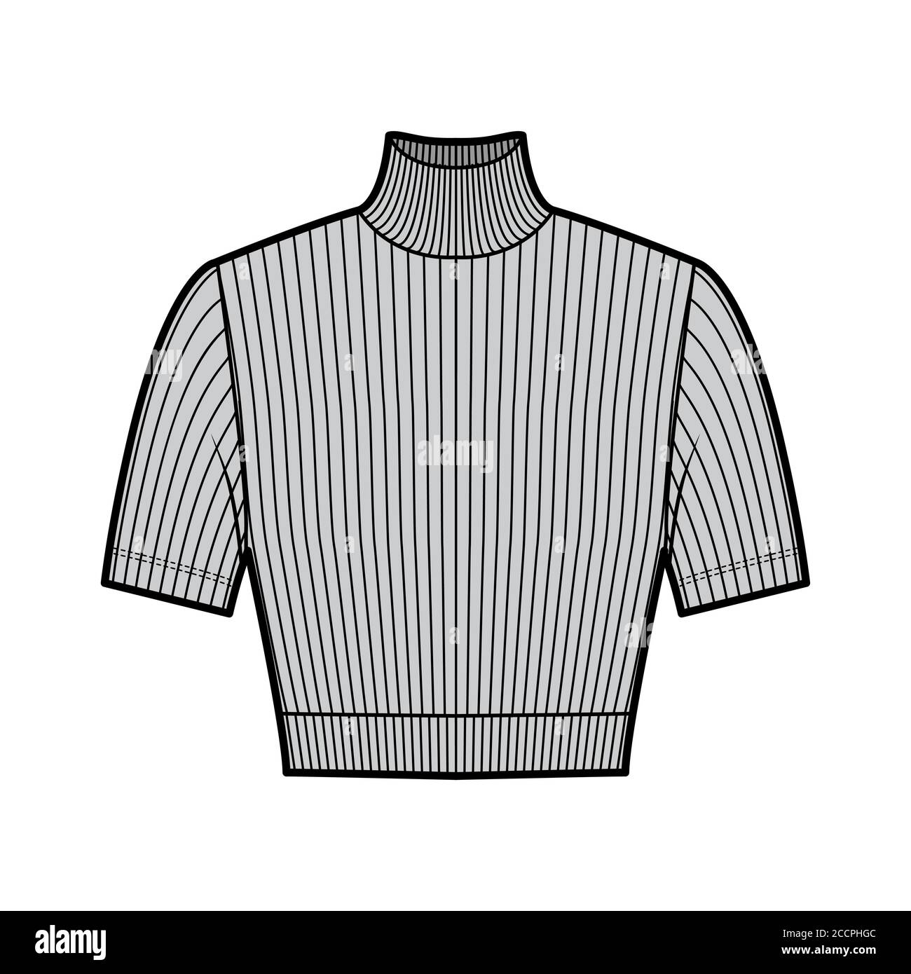 Pull court en maille côtelée à col roulé illustration technique de la mode  avec manches courtes, coupe ajustée. Pull sans pinces modèle de vêtement  avant de couleur grise. Femmes hommes unisexe haut