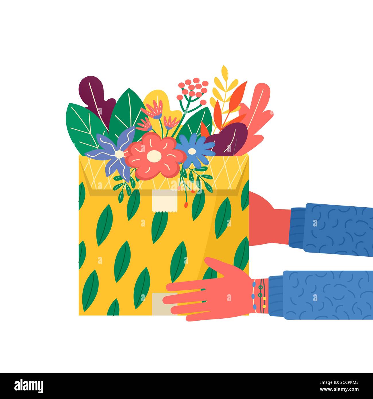 Concept des emballages en carton avec fleurs et ruban adhésif pour les icônes de livraison. Colis postaux, colis, boîtes. Livraison par messagerie pour colis en ligne Illustration de Vecteur