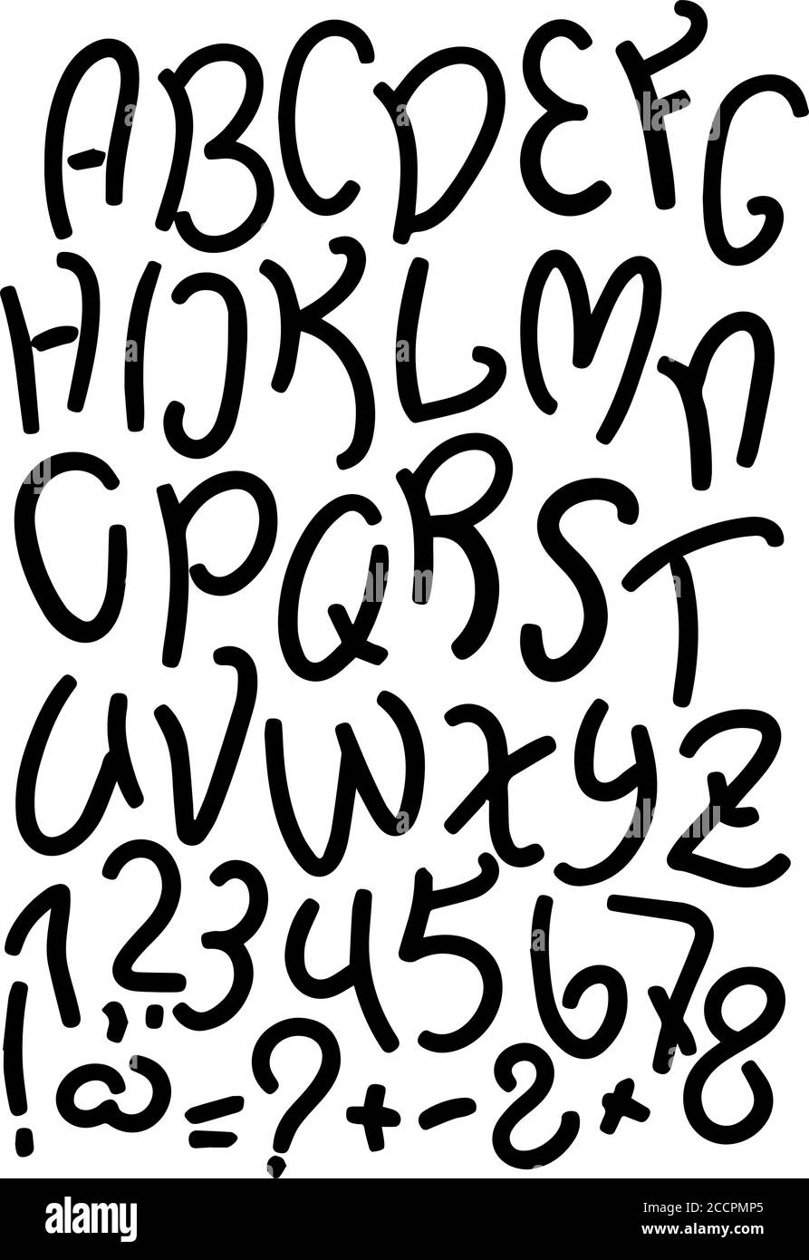 Alphabet anglais dessiné à la main avec lettres majuscules, chiffres, signes de ponctuation. Script vectoriel sur fond blanc. Lettres et chiffres écrits à la main en anglais Illustration de Vecteur