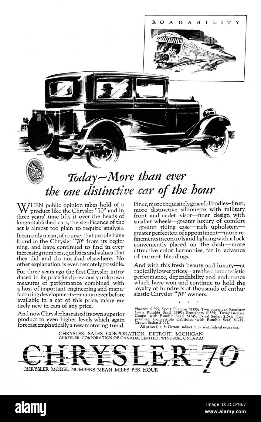 Publicité vers 1927, pour le Chrysler 70, une automobile à 6 cylindres, conçue pour offrir aux clients une voiture de pointe bien conçue à un prix abordable. Banque D'Images