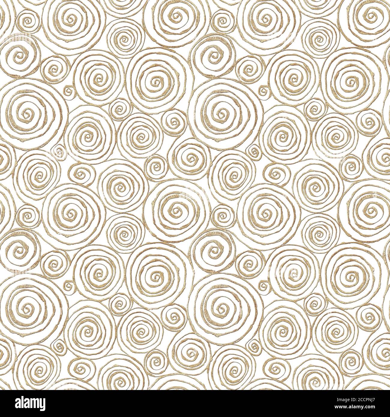 Motif abstrait sans couture avec peinture acrylique dorée en 3d scintillante, cercles en spirale sur fond blanc. Des spirales scintillantes dessinées à la main à texture infinie Banque D'Images