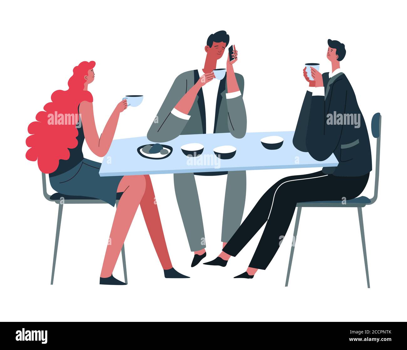 Les gens mangeant et buvant du thé, collègues au restaurant Illustration de Vecteur