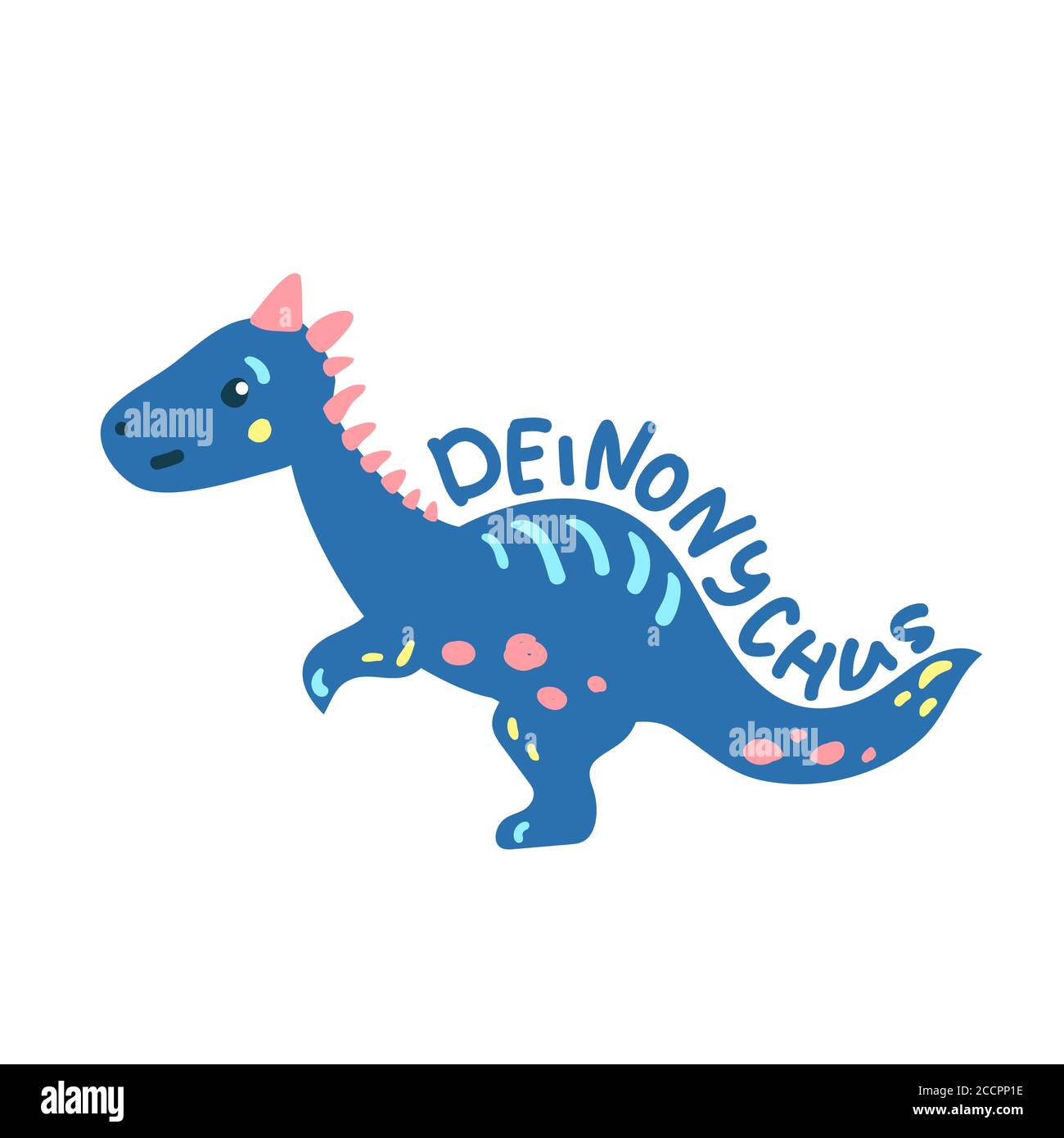 Dinosaure de dessin animé Deinonychus. Adorable personnage dino isolé. Illustration ludique du vecteur dinosaure sur fond blanc. Lettrage à la main Deinonychus. Illustration de Vecteur