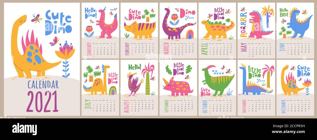 Modèle de calendrier Vector 2021 avec dinosaures en style dessin animé pour enfants Illustration de Vecteur