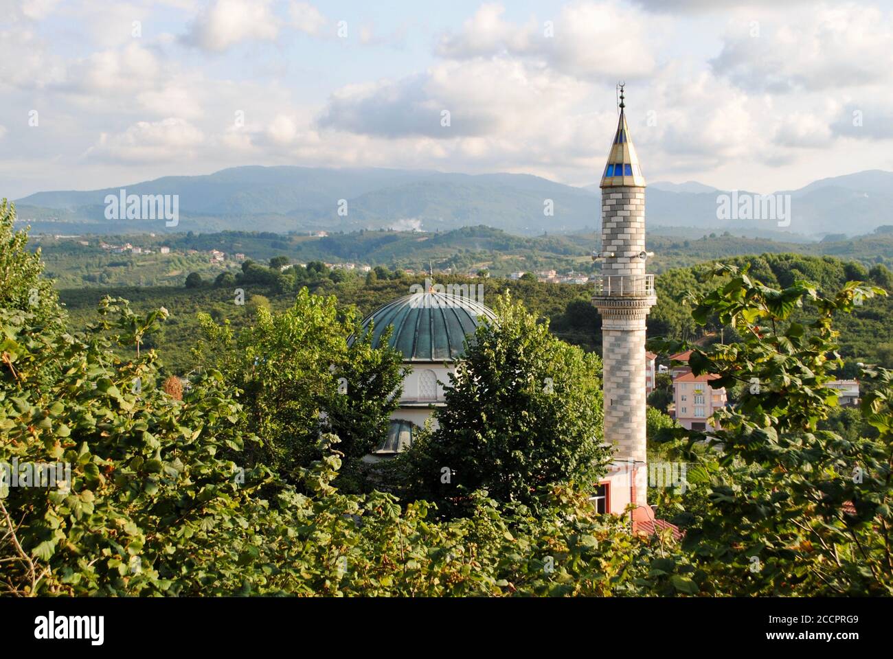 Une vue panoramique de la mosquée de quartier avec un minaret dans la forêt de noisettes avec fond de chaîne de montagnes. Akcakoca Turquie Banque D'Images