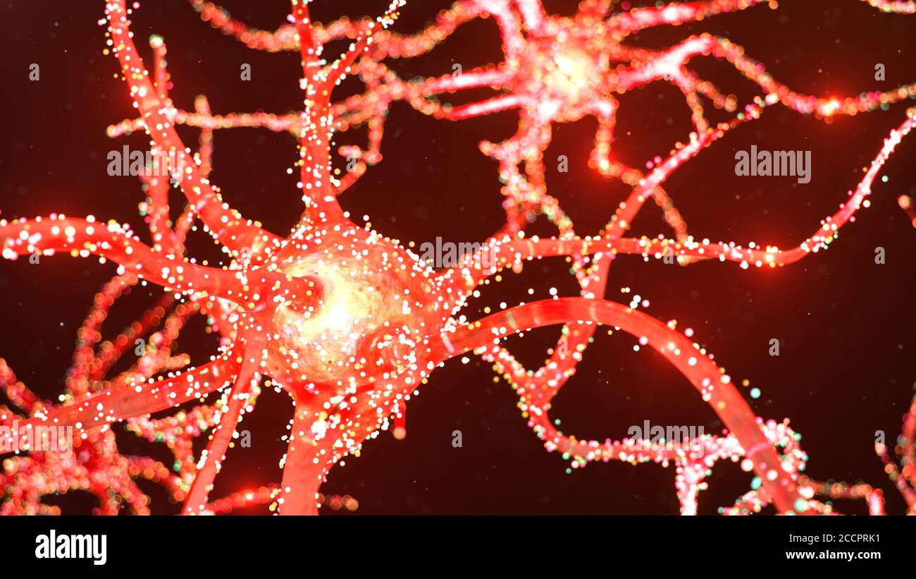 Cellules neurales abstraites avec points lumineux. Les synapses et les cellules neuronales envoient des signaux chimiques électriques. Neurone de neurones interconnectés avec Banque D'Images