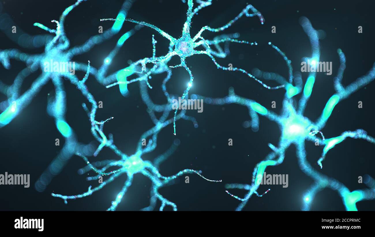 Cellules neurales abstraites avec points lumineux. Les synapses et les cellules neuronales envoient des signaux chimiques électriques. Neurone de neurones interconnectés avec Banque D'Images