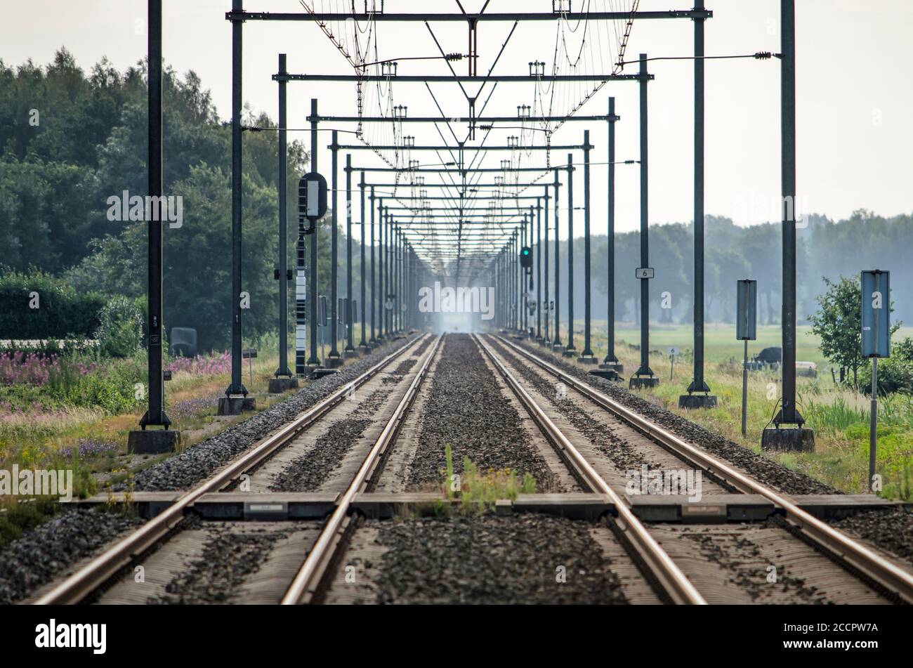 Longue ligne de chemin de fer droite entre Zwolle et Meppel aux pays-Bas, avec des lignes convergentes qui disparaissent dans une brume lointaine Banque D'Images