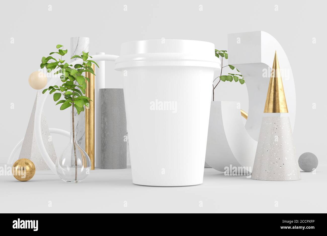 Maquette de tasse à café sur fond abstrait surréaliste rendu 3d Banque D'Images
