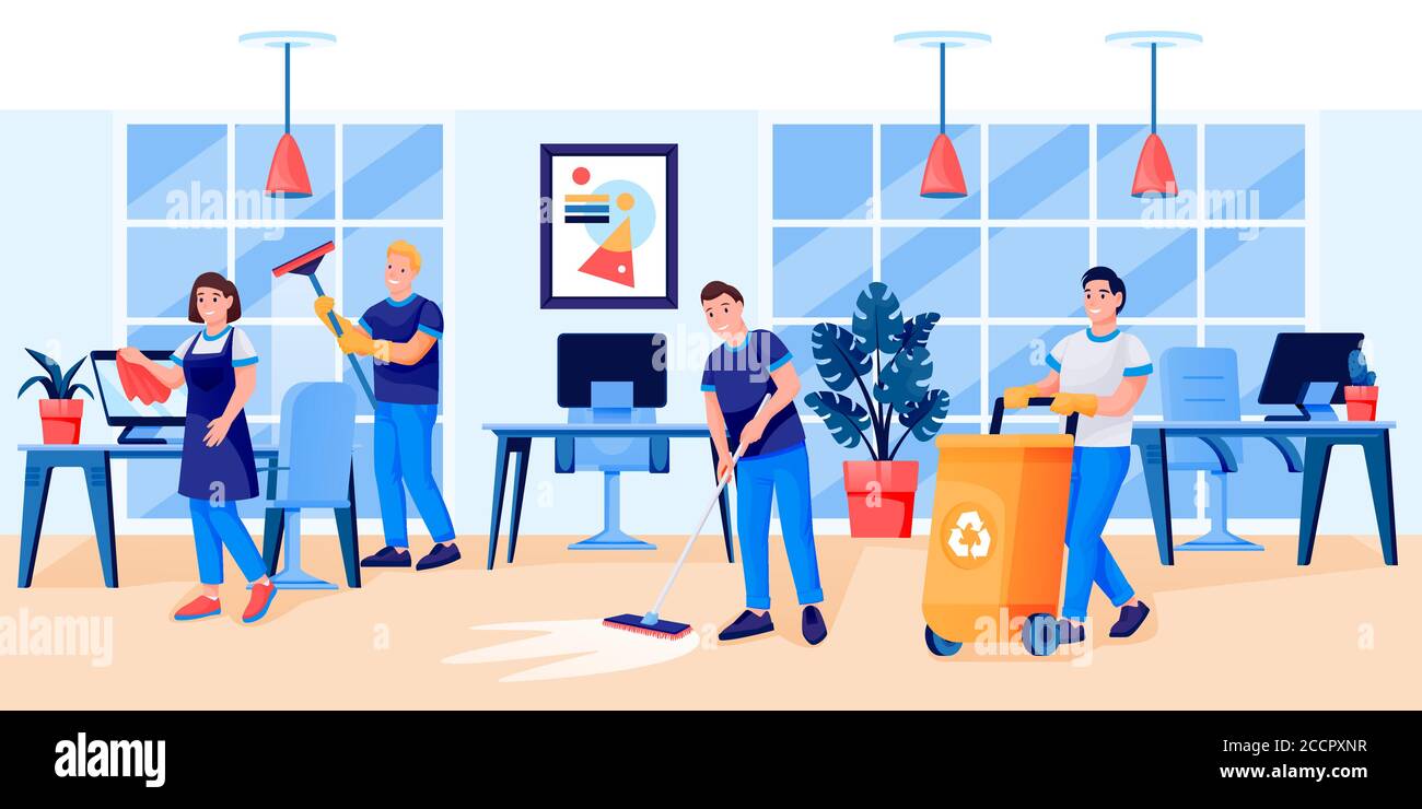 L'équipe du service de nettoyage en uniforme nettoie le bureau. Illustration de personnage de dessin animé plat vectoriel. Les hommes et les femmes les travailleurs de la gouvernante se lavent Illustration de Vecteur
