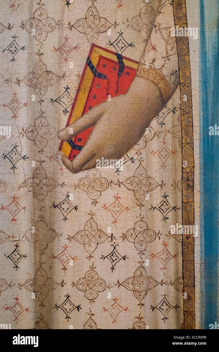 Main et Livre, détail de 'la Madonna del Parto' couronné par les Anges, 1330-1335 circa, Tempera sur panneau par Bernardo Daddi (1290-1348). Gall Uffizi Banque D'Images